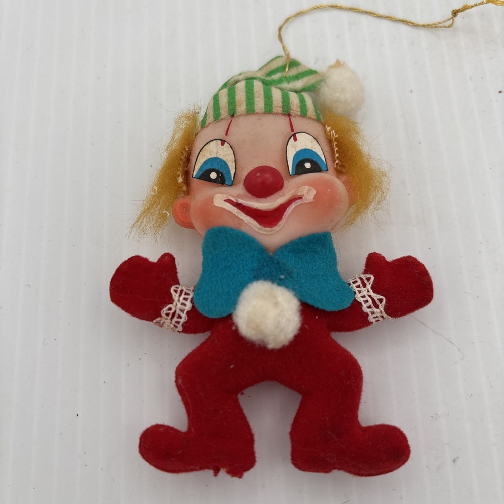 Blow Mold Flocked Circus Clowns Christmas Ornament Red Pants Vintage